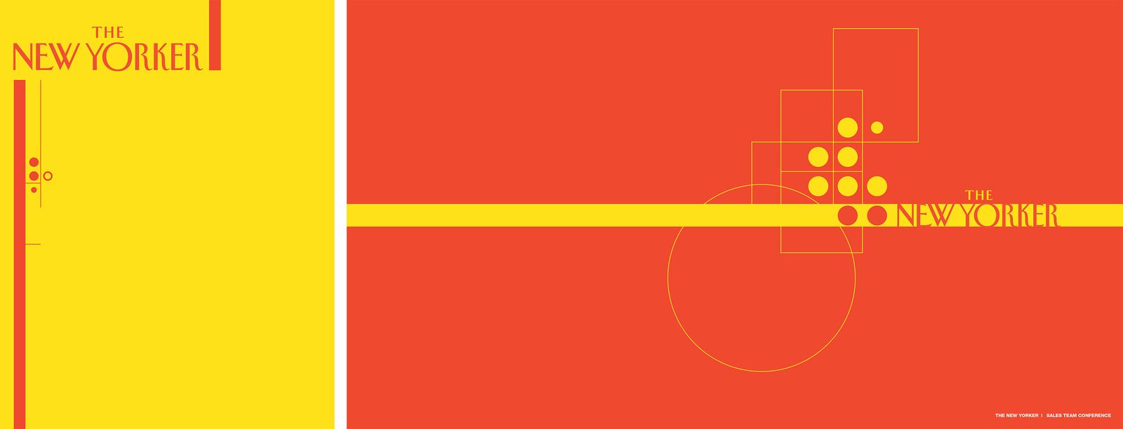 Sales-conference cover and spread in yellow and red with circle-and-dot geometry.