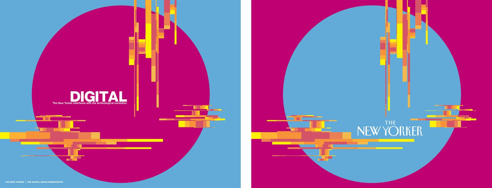"Digital" presentation spread: magenta disc and pixel bars on cyan.