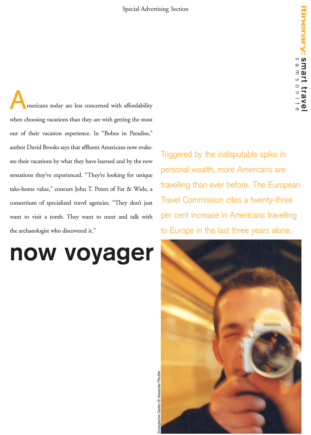 "Now Voyager" advertorial page: a traveller raising a camera, orange sidebar type.