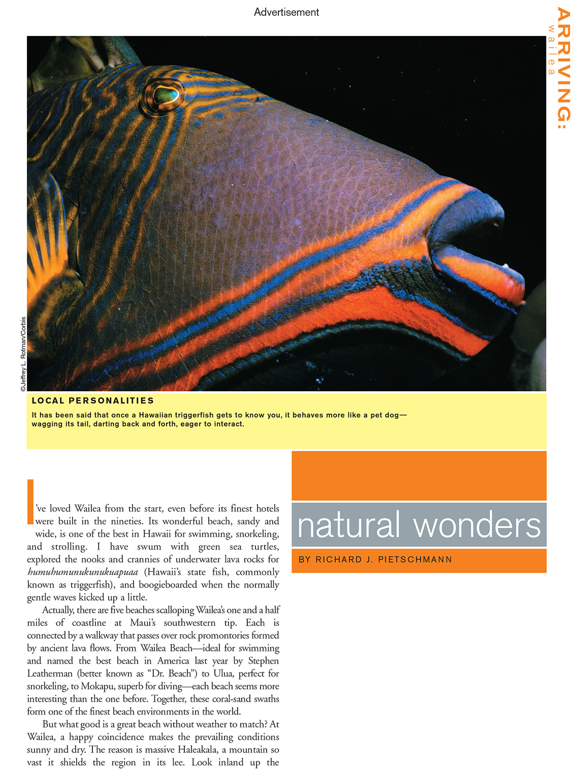 "Natural Wonders" advertorial opener: close-up of a Hawaiian triggerfish on black.