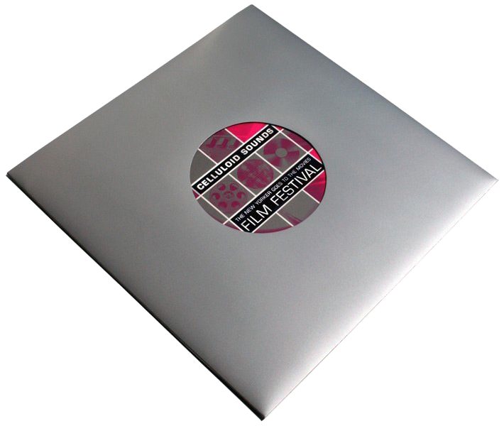 Silver record sleeve for the Celluloid Sounds film festival, magenta label at centre.