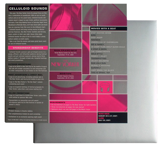 Celluloid Sounds sponsorship gatefold listing benefits, cities and the film programme.
