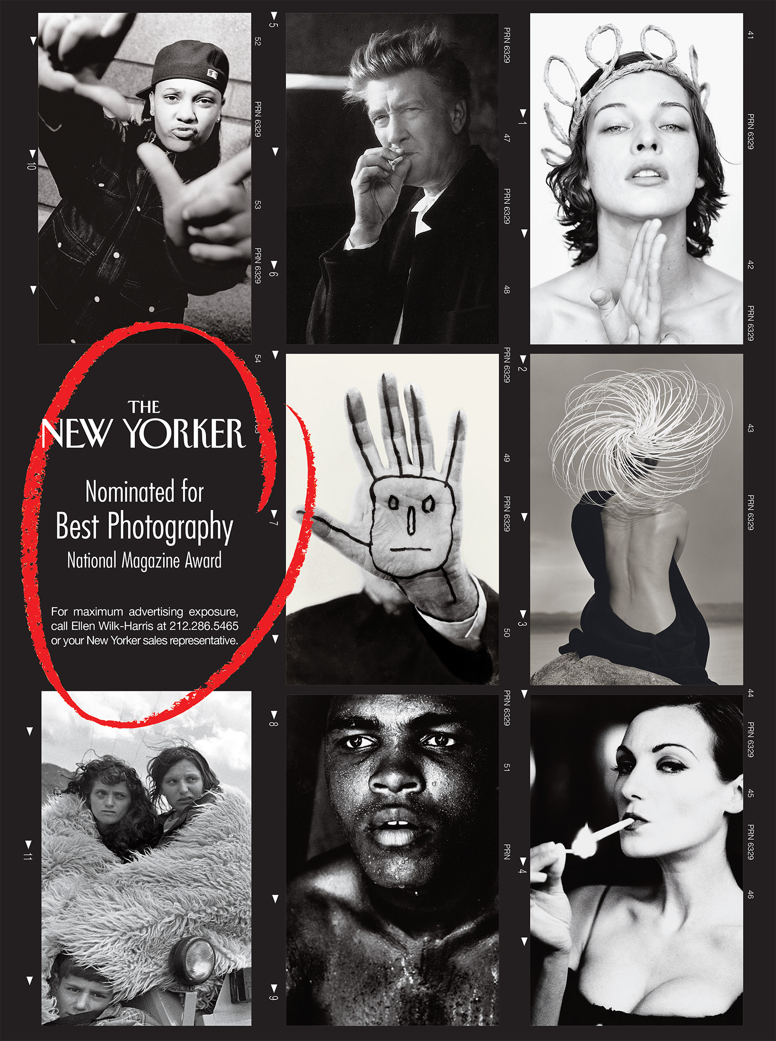 Contact-sheet ad circled in red grease pencil: nominated for Best Photography, National Magazine Award.