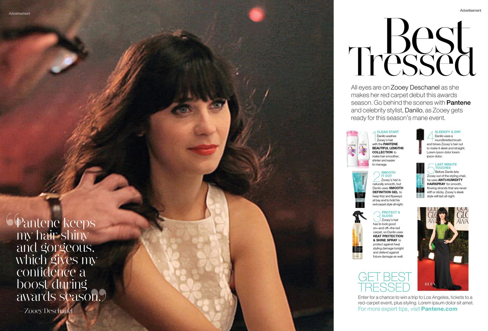 "Best Tressed" Pantene advertorial: Zooey Deschanel having her hair styled, five product steps.