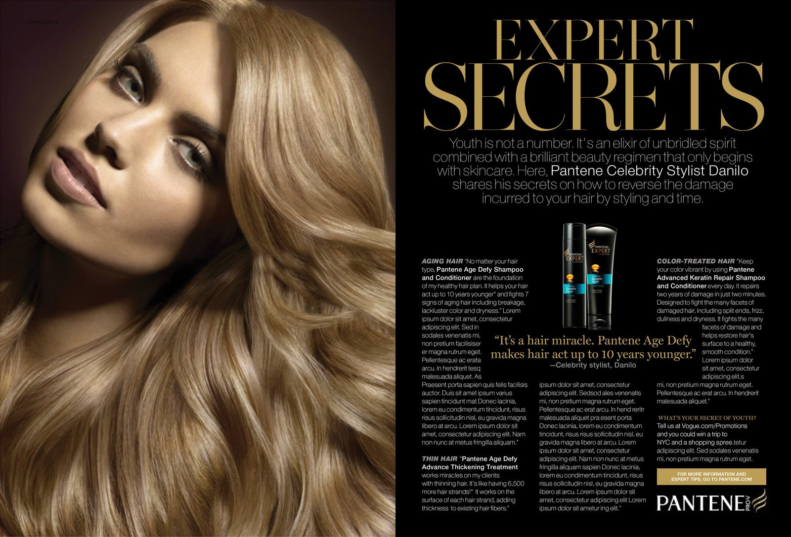 "Expert Secrets" Pantene advertorial: a blonde model on black, Age Defy products at centre.